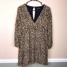 Zara TRF Collection Women’s Babydoll Cheetah Print Keyhole Tunic Mini Dress Sz L