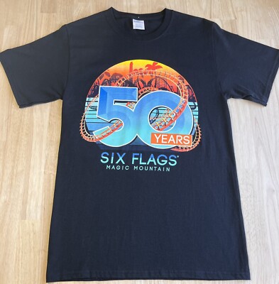 S) SIX FLAGS 50th Anniversary Shirt MAGIC MOUNTAIN Graphic Black