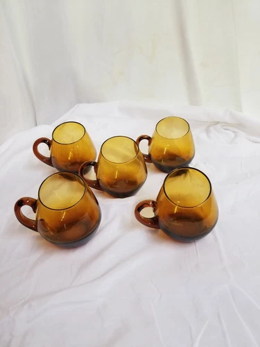 5 Vintage MCM Handblown Amber Glass Slant Asymmetrical Cup Mugs Glasses