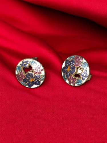 VINTAGE Cloisonne Earrings Clip On Enamel Stud Multi-Coloured Flowers Stunning. - Picture 4 of 11