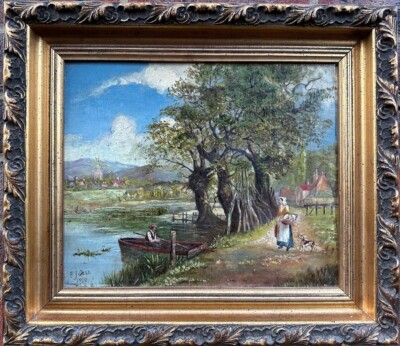 F.J. Dell : Figures by a river, dated 1918, oil on canvas