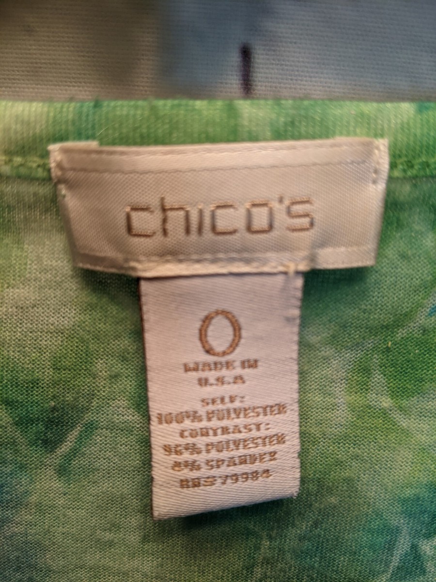 CHICO'S Sz 0 (SMALL) Green Tye Dye Ruffle Top Tee Short Sleeve USA