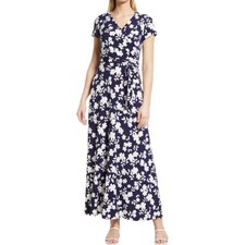 Eliza J Women Navy White Spring Floral Faux Wrap Maxi Party Dress size 16 NWOT