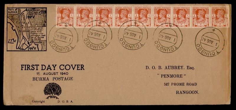 DR WHO 1940 BURMA FDC KGVI STRIP TOUNGOO TO RANGOON R81617