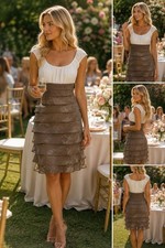 London Times Tiered Ruffle Cocktail Dress 12 L Taupe Ivory Wedding Guest Classic