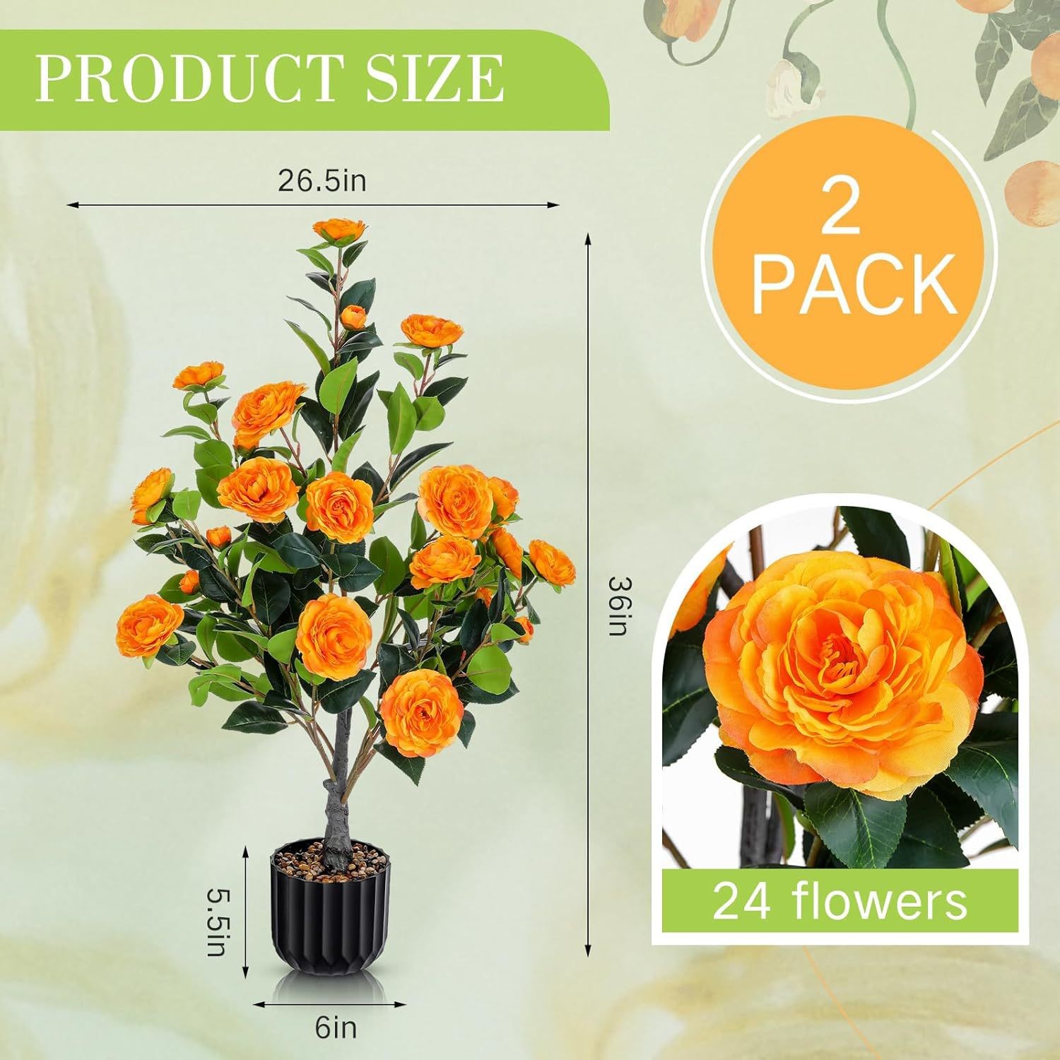 2 Pack Artificial Camellia Tree 36" Faux Plant in Pot with Orange Flowers NEW