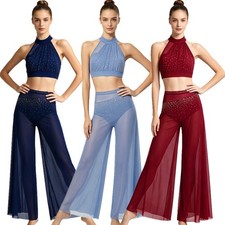 Women Dancewear Rhinestone Crop Top With Wide-leg Pants Dance Practice Wear Set