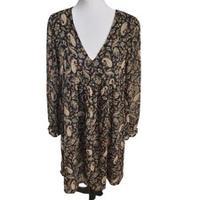 MANGO Paisley Print Long Sleeve V Neck Mini Dress Bohemian Flowy Casual