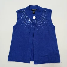 Pine Needles New York Blue Silk Wool Blend Sleeveless Sweater Vest Sequin Medium