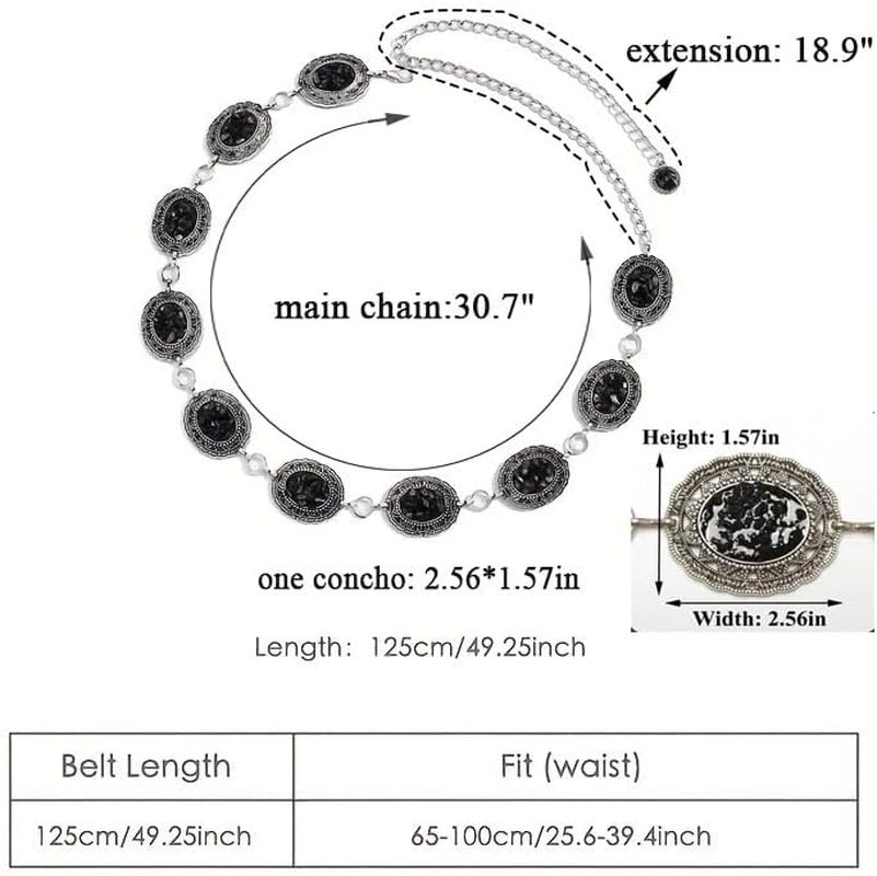 Black Western Concho Belt Silver Waist Chain Women Cowgirl Boho Diamond Gems