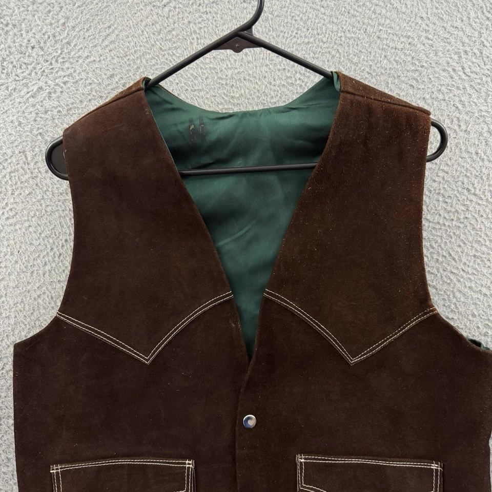 Vintage Suede Leather Vest Mens Large 80s Brown Snap Western Rodeo Cowboy USA - Image 3 of 4