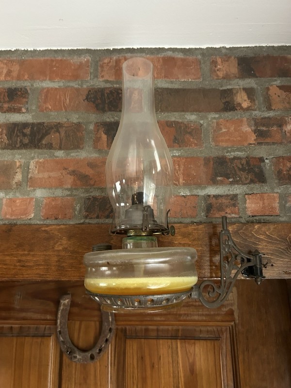 Clear/Brown Glass & Metal Oil Lamp w/ Glass Chimney, Knob Control, Oil