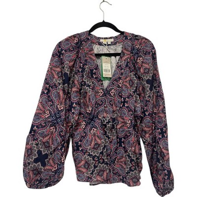 Boden Womens Top Blouse UK 12 US 8 Navy Paisley Border Print V-Neck T1082 NWT