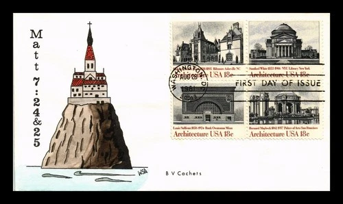 US COVER FIRST DAY OF ISSUE HAND COLORED BLOCK OF 4 ARCHITECTURE STAMPS