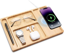 Valet Tray, Built-In Wireless Charger, Nightstand Organizer, Bamboo Desk Bedside