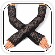 Lace Fingerless Gloves Long Arm Sleeves Elbow Length Bridal One Size Black