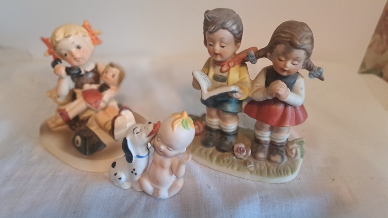 3 Bisque Figurines - Boy & Girl reading Book - Talking on Phone - Dog with Baby