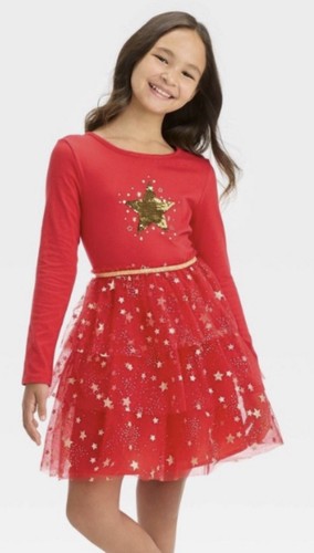 New Girls Cat & Jack Dress Size 10/12 Red Gold Star Long Sleeves - Picture 2 of 7