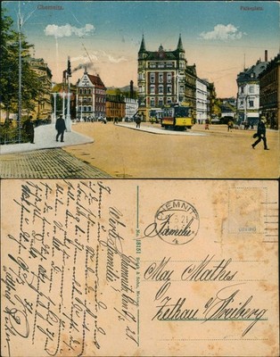 Postcard Chemnitz Falkeplatz with tram stop 1921