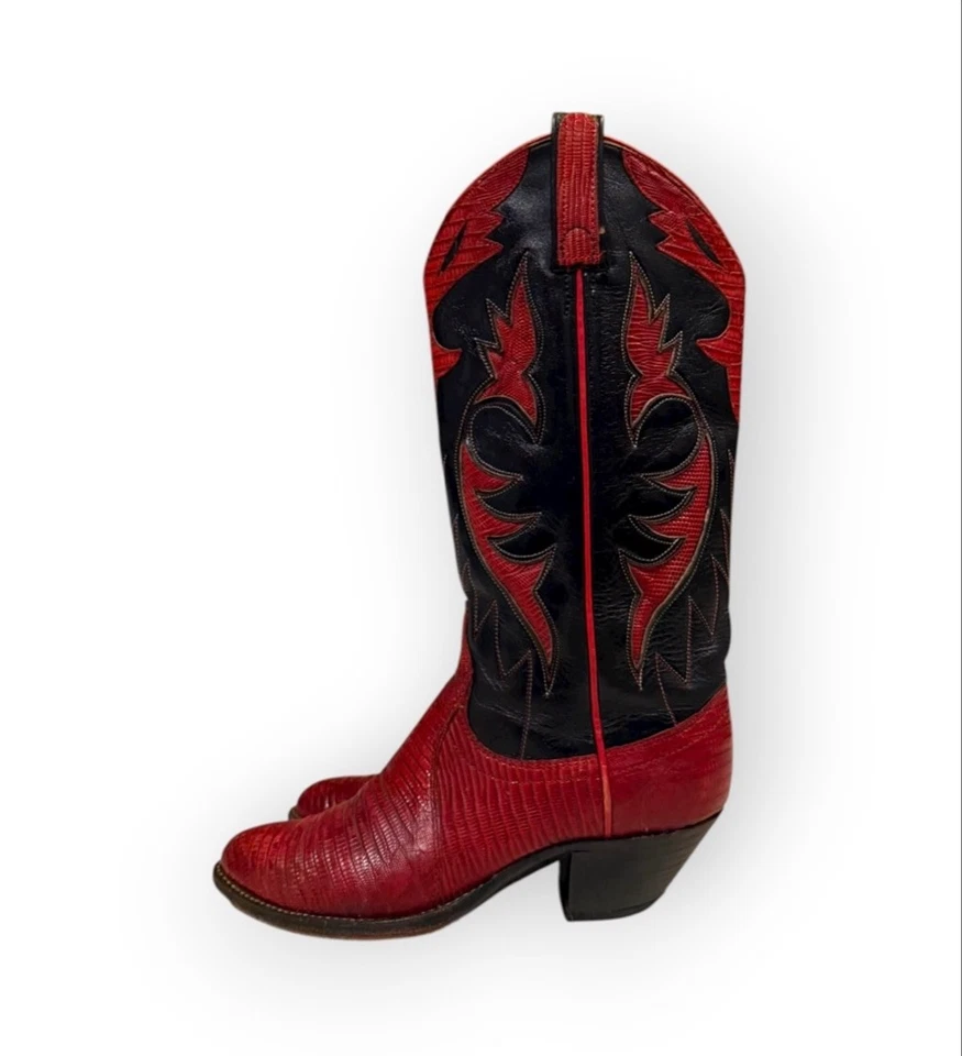Винтажные женские кожаные сапоги вестерн Dan Post цвет черный/красный с пламенем размер 7C 7011B - Изображение 2 из 4