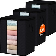 3 Pack 100L Clothes Storage, Foldable Thick Fabric Blanket Storage Bags, Cont...