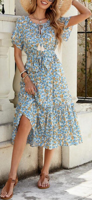Sommerkleid Midikleid Damen L Blau Blumenmuster A-Linie Kurzarm Schlitz Rüschen