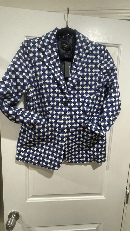 Blazer de trabajo Kate Spade New York azul y blanco estampado geocircular, talla 4 Foto 2 de 4