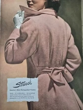 1940s Women's  Stroock Woolens pink coat tie back vintage fashion Color ad 