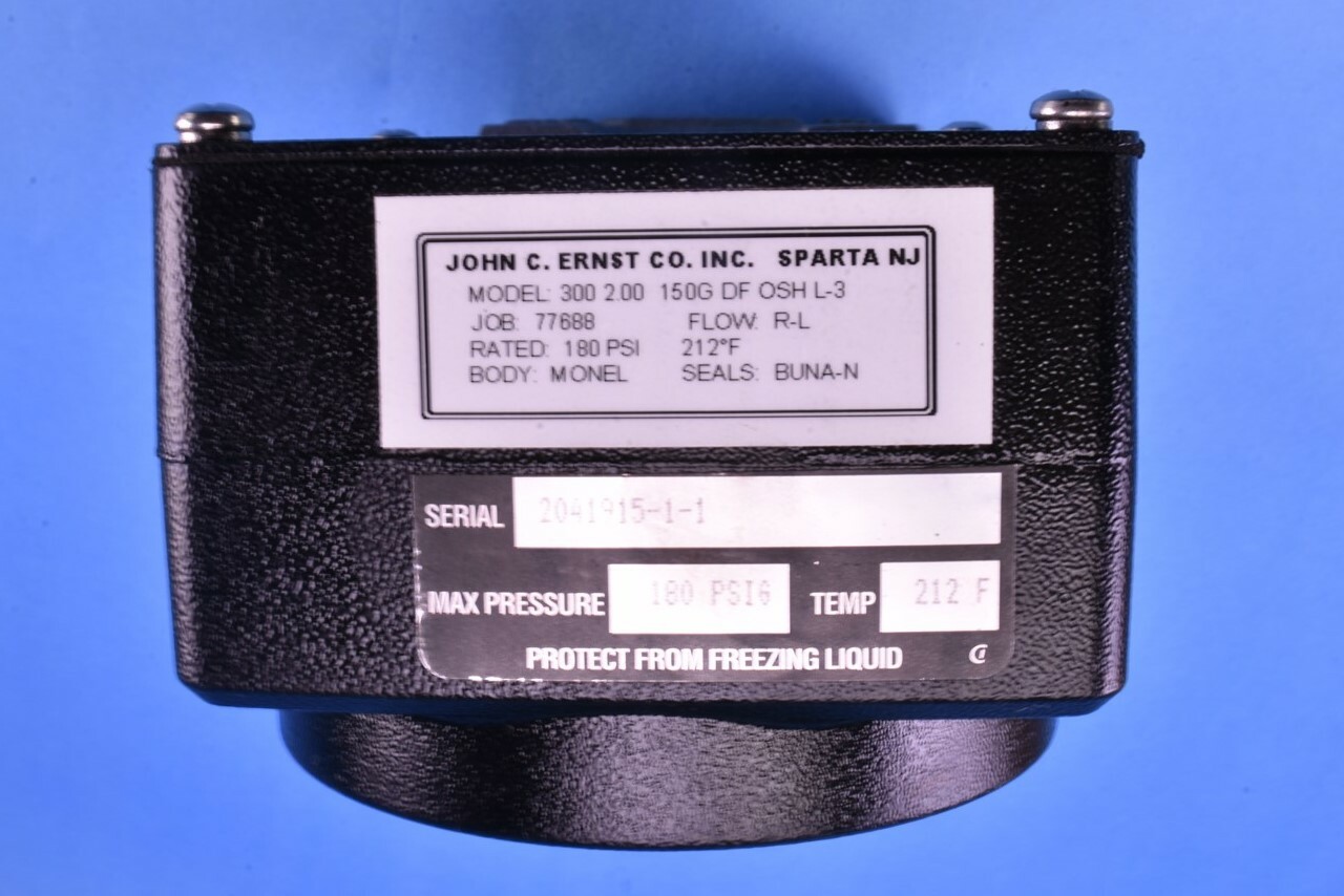 Ernst Model 300 Flow Meter 180PSIG 212*F Monel P/N: 2-72-L-150-DF