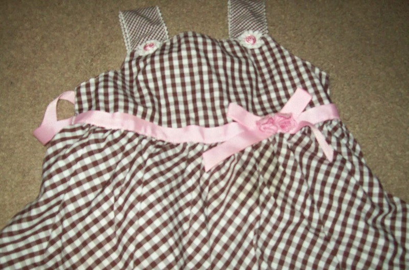 Blueberi boulevard dress brown & white checked trimed w/ pink/white flowers 4