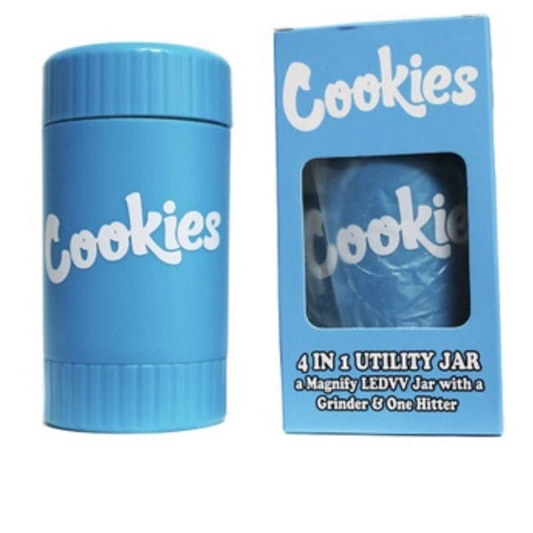 Cookies 4 in 1 Stash Jar, Magnifying LED Lid, Grinder, One Hitter, Blue, 110ML