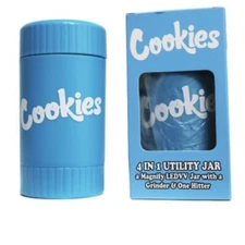 Cookies 4 in 1  Stash Jar, Magnifying LED Lid, Grinder, One Hitter, Blue, 110ML