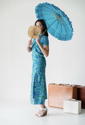 Blue & Green Orchid Floral Hawaiian Silk Dress | eBay