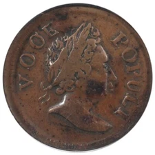 1760 1/2p No P, VOOE, Hibernia Voce Populi Colonial Half Penny NGC VF 20