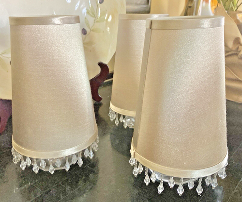 3 EMPIRE SHADES: BEIGE “SILK”, CRYSTAL TRIM; 7-1/8” H; SMALLER CANDLEABRA BULB - Picture 11 of 11