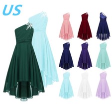 Kids Girls One Shoulder Shiny Beaded Dress Wedding Party Princess Gown Dress