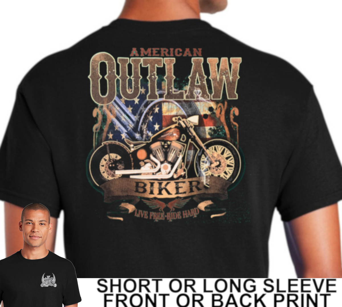 Outlaw Biker Fashion American Outlaw Biker Live Free Ride Hard Classic  Motorcycle Men's, image size:1200x1076