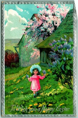 Raphael Tuck Happy Easter Little Girl Holding Flowers Embossed DB Postcard I10