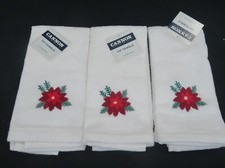 New Vintage Set of 3 Holiday Christmas Finger Tip Towel Red Poinsettia Hand Wash
