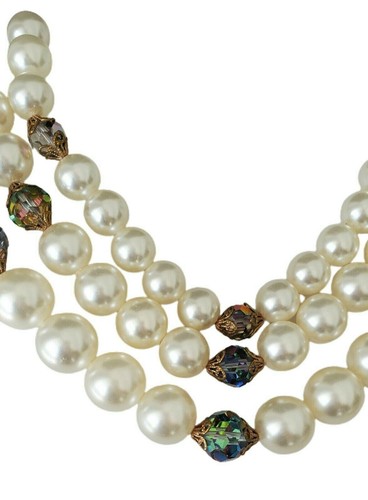 Vintage LAGUNA Faux Pearl TRIPLE Strand with Watermelon Rhinestone Clasp Choker - Picture 4 of 8