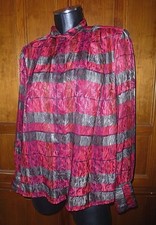 VTG 80s Silky Satin Stripe Print Pleated Long Slv Cocktail Secretary BLOUSE TOP
