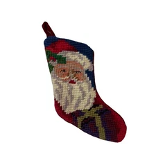 Vintage Christmas Needlepoint Mini Stocking Ornament Handmade Wool Velvet Santa