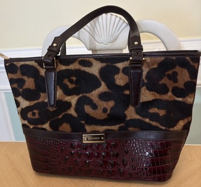 Brahman Burgundy Brown Leather Croc Imbossed Calf Hair Cheetah Asher Handbag