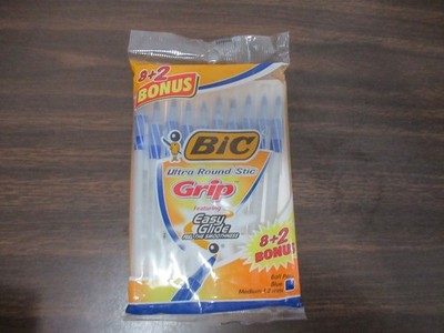 Bic Ultra Round Stic Grip Easy Glide pack of 10 pens NEW SEALED blue