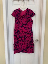 Talbots Pink And Navy Blue Floral Print Scoop Neck Linen Sheath Dress 12