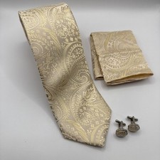 Special Occasion Prom Homecoming Groom Cream Paisley Tie Cufflink Pocket Square