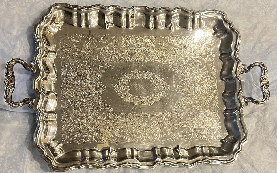 Vintage Sheridan Silver Plated Butler Serving Tray 22x 15" Footed Ornate - Image 3 of 4