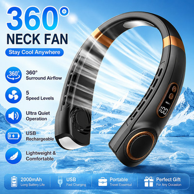 Portable Neck Fan 360°|Quiet USB Rechargeable Hands-Free Neck Fan 5 Speed New