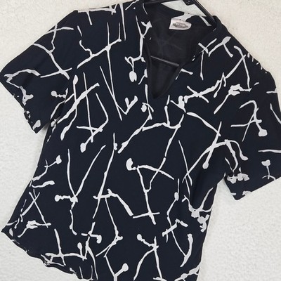 Satar London Womens Blouse 16 Black White Abstract Print V-Neck Short Sleeve Top