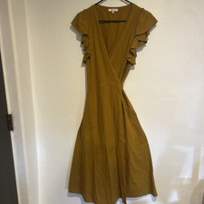 Madewell Linen Wrap Midi Dress Brown Ruffle Flutter Sleeve V-Neck Size M